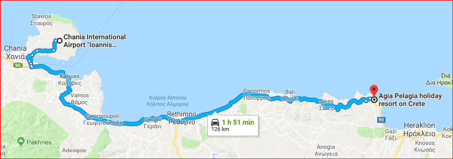 Map - drive to Agia Pelagia from Chanian International Airport (Google Maps)
