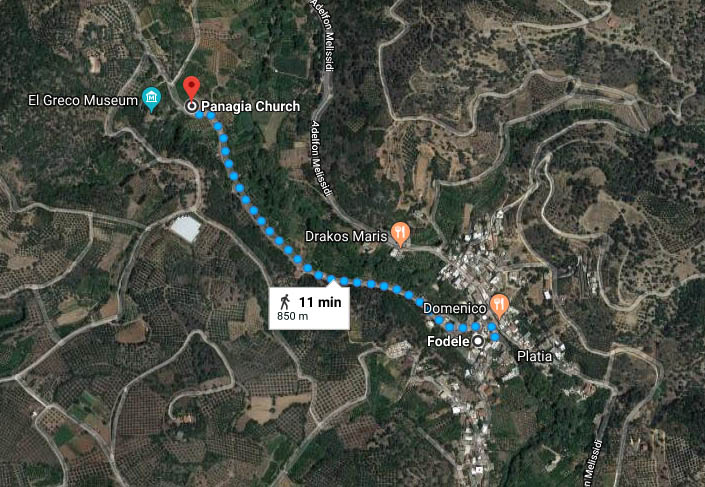 MAP - walking directions - Fodele village to the Byzantine church of Panagia
