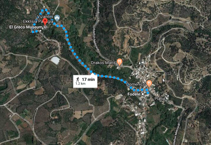 MAP - walking directions - Fodele village to El Greco museum