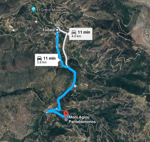 MAP - driving directions - Fodele village to holy Monastery Agios Panteleimon