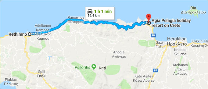 Map - drive to Agia Pelagia from Rethymnon (Google Maps)